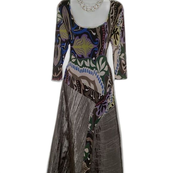 Viviana Gabeiras Long Sleeve Mesh Print Multicolor Silver Crinkle Maxi Dress XL - Picture 3 of 11